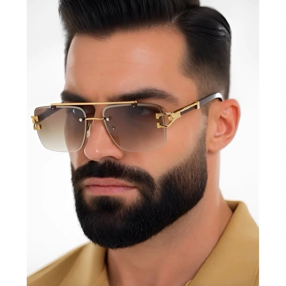 Men Sunglasses Fashion Designer Brown Lens Gold Frame Street Wear Classic Lentes